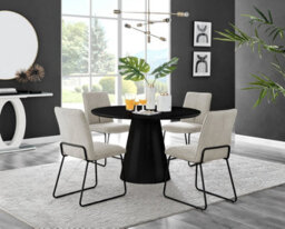 Furniturebox Uk Palma Black Semi-Gloss Round Pedestal Dining Table & 4 Taupe Fabric Halley Black Leg Chairs