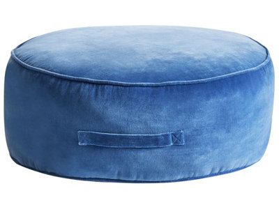 Wyld And Coco Blue Velvet Round Pouffe Ottoman With Handle - W60 X D60 X H25Cm - image 1