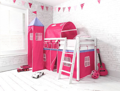 Nöa & Nani Moro Cabin Kids Solid Wood Midsleeper Bed With Cotton Pink Tent, Tower & Tunnel In Classic White