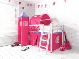 Nöa & Nani Moro Cabin Kids Solid Wood Midsleeper Bed With Cotton Pink Tent, Tower & Tunnel In Classic White - thumbnail 1