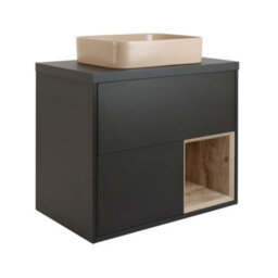 Homestylestore Black Grey 800mm Led Lit Wall Hung Bathroom Vanity Unit Rectangular Sand Countertop Basin Open Shelf - thumbnail 1