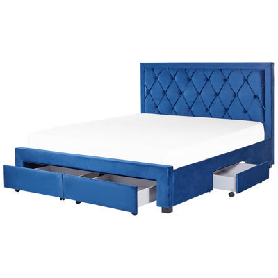 Beliani Bed With Storage Drawers Velvet Lievin 180 X 200 Cm (Eu Super King) Navy Blue - image 1
