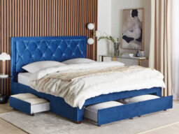 Beliani Bed With Storage Drawers Velvet Lievin 180 X 200 Cm (Eu Super King) Navy Blue - thumbnail 2