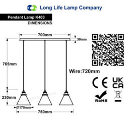Long Life Lamps Company Vintage Industrial 3 Light Ceiling Pendant Lamp Mini Glass Sconce Smoked Grey Shades K403 - thumbnail 2