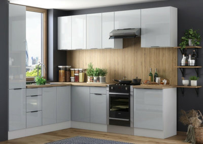 Impact Furniture Corner Kitchen Cabinet Set 11 Units Slim Tall 400mm Larder Light Grey Gloss Fitted Kitchen Star - image 1