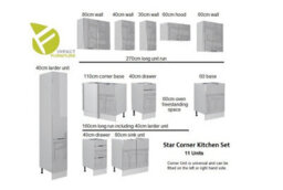 Impact Furniture Corner Kitchen Cabinet Set 11 Units Slim Tall 400mm Larder Light Grey Gloss Fitted Kitchen Star - thumbnail 2