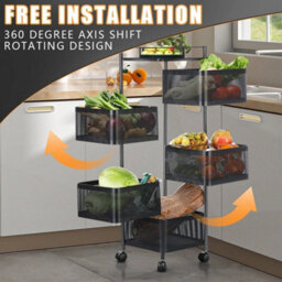 Black Vegetable Shelf Rack Tier Mobile Kitchen Utility Rotating Storage 6 Cart Trolley - thumbnail 4