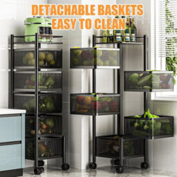 Black Vegetable Shelf Rack Tier Mobile Kitchen Utility Rotating Storage 6 Cart Trolley - thumbnail 3