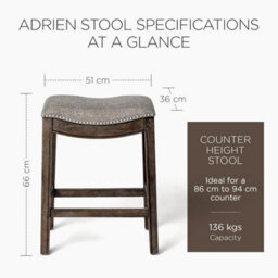 Maven Lane Adrien Kiln Dried Hardwood Saddle Bar Stool, 66 Cm Wire Brush Finish, And Nailhead Trim, Dark Walnut/stone Grey - thumbnail 3