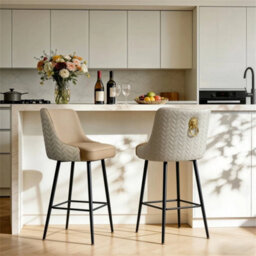 Light Khaki & Creamy White Adjustable Bar Stools Set Of 2 Retro Swivel Kitchen Stools With Back - thumbnail 4