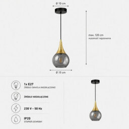 Luminosa Lighting Luminosa Lacrima Dome Pendant Ceiling Light Black, Gold Smoky Glass Shade 1X E27 - thumbnail 4