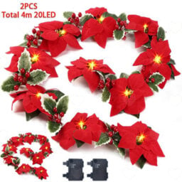 Amorly 2Pcs Christmas Poinsettia Garland With Timer Function, Pre Lit Artificial Garland With Red Berries, Battery Operated Decor - thumbnail 1