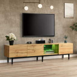 Btm Modern Tv Cabinet With Led, Large Storage, Woodgrain Finish, Minimalist 3Cabinet Media Unit 175X31X41 Cm - thumbnail 5