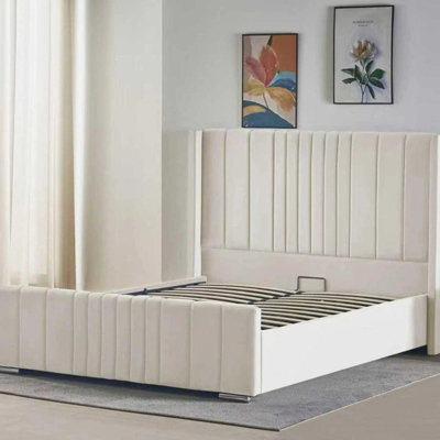 Interior Emporium Plush Velvet Ottoman Bed Frame Wingback Gas Lift Storage Double Size Bed Beige - image 1