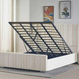 Interior Emporium Plush Velvet Ottoman Bed Frame Wingback Gas Lift Storage Double Size Bed Beige - thumbnail 2
