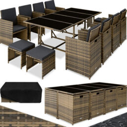 Tectake Garden Table And Chairs Palma - 12 Seats With Cushions, Dining Table, Rain Cover - Nature/dark Grey