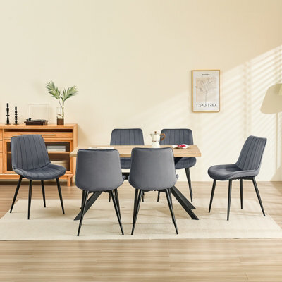 Longtoo Set Of 6 Dining Chairs With Velvet Upholstered Seat & Backrest,stable Metal Legs,modern Stripe Design,dark Grey - image 1