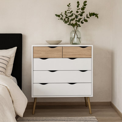 Wyld Haus Sapporo White And Natural Oak Effect Tall 5-Drawer Chest - image 1