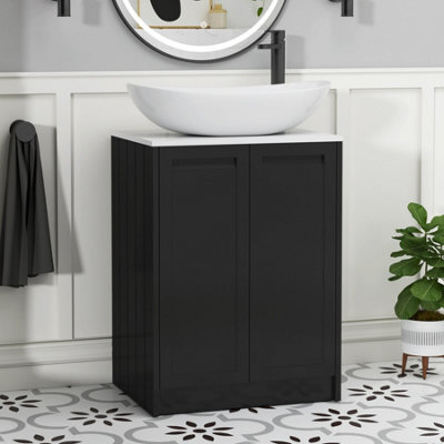 Royal Bathrooms Royal Bathroom Elmore 600mm Matt Nocturne Black Freestanding Bathroom Vanity Unit 2 Door Plain White Worktop With Cesar Basin - image 1