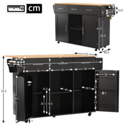 Btm Kitchen Island On Wheels With Drop Leaf Worktop 3 Drawers Storage Trolley With Solid Wood Feet Black - thumbnail 9