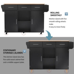 Btm Kitchen Island On Wheels With Drop Leaf Worktop 3 Drawers Storage Trolley With Solid Wood Feet Black - thumbnail 8