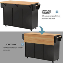 Btm Kitchen Island On Wheels With Drop Leaf Worktop 3 Drawers Storage Trolley With Solid Wood Feet Black - thumbnail 4