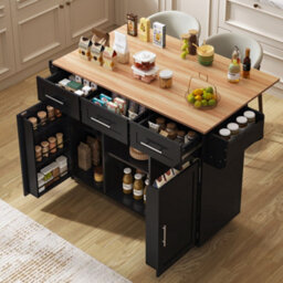 Btm Kitchen Island On Wheels With Drop Leaf Worktop 3 Drawers Storage Trolley With Solid Wood Feet Black - thumbnail 1