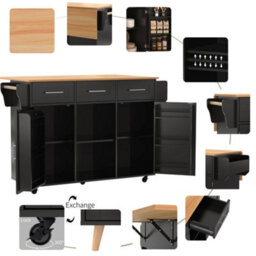 Btm Kitchen Island On Wheels With Drop Leaf Worktop 3 Drawers Storage Trolley With Solid Wood Feet Black - thumbnail 7