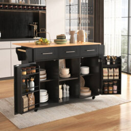 Btm Kitchen Island On Wheels With Drop Leaf Worktop 3 Drawers Storage Trolley With Solid Wood Feet Black - thumbnail 3