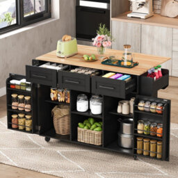 Btm Kitchen Island On Wheels With Drop Leaf Worktop 3 Drawers Storage Trolley With Solid Wood Feet Black - thumbnail 2
