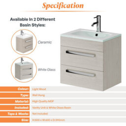 Plum&clay Novela Light Wood Wall Hung Vanity Unit With Glass Basin Bathroom Furniture (W)600mm - thumbnail 4