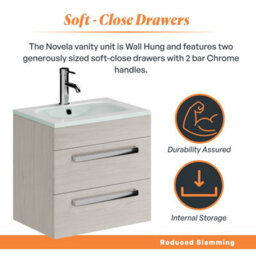 Plum&clay Novela Light Wood Wall Hung Vanity Unit With Glass Basin Bathroom Furniture (W)600mm - thumbnail 3