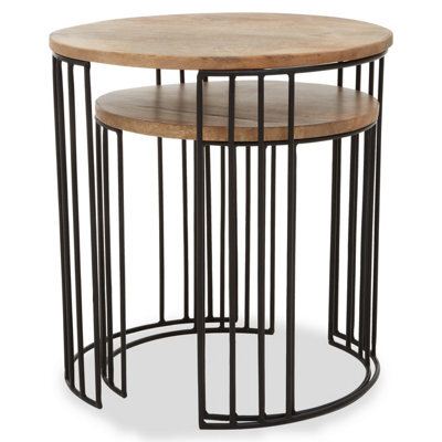Orsina Set Of 2 Mango Wood Side Tables, Cage Frame Metal Side Tables With Wooden Top, Contemporary End Table Set - image 1