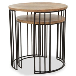 Orsina Set Of 2 Mango Wood Side Tables, Cage Frame Metal Side Tables With Wooden Top, Contemporary End Table Set