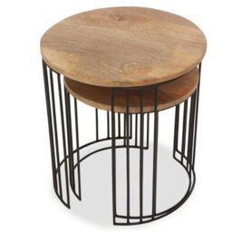 Orsina Set Of 2 Mango Wood Side Tables, Cage Frame Metal Side Tables With Wooden Top, Contemporary End Table Set - thumbnail 4