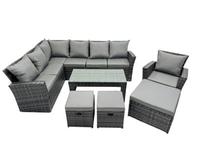Fimous 10 Seat Poly Rattan Outdoor Patio Oblong Coffee Table Corner Sofa Set With 3 Stool Chair For Garden Backyard - image 1