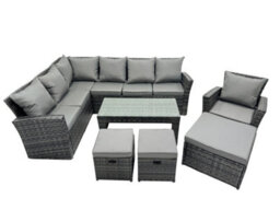 Fimous 10 Seat Poly Rattan Outdoor Patio Oblong Coffee Table Corner Sofa Set With 3 Stool Chair For Garden Backyard - thumbnail 1