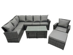Fimous 10 Seat Poly Rattan Outdoor Patio Oblong Coffee Table Corner Sofa Set With 3 Stool Chair For Garden Backyard - thumbnail 2