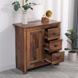 Furniturehmd Rustic 1 Door 3 Drawer Sideboard Storage Unit Corner Cabinet Free Standing Organiser Metal Handle - thumbnail 4