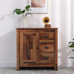 Furniturehmd Rustic 1 Door 3 Drawer Sideboard Storage Unit Corner Cabinet Free Standing Organiser Metal Handle - thumbnail 1