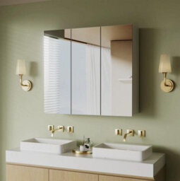 Triple Door Bathroom Mirror Cabinet Cupboard Wood Wall Mounted Rccvoyupwdvwsnfvj - thumbnail 3