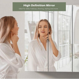 Triple Door Bathroom Mirror Cabinet Cupboard Wood Wall Mounted Rccvoyupwdvwsnfvj - thumbnail 4