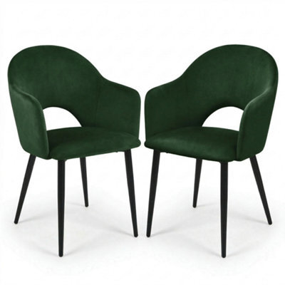 Evre Hailey Dark Green Velvet Dining Chairs Set Of 2 Upholstered Chairs With Arms & Cutout Backrest. - image 1