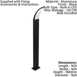 Stylish Ip44 Outdoor Bollard Light With Built-In Led - Black Aluminium 11W - thumbnail 2