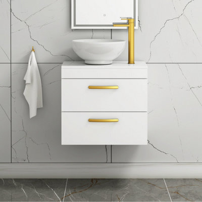 Royal Bathrooms 600mm Wall Hung Vanity Unit 2 Drawer Gloss White & Breeze Countertop Basin With Brushed Brass Handle - image 1