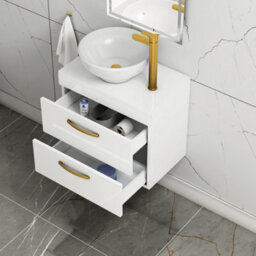 Royal Bathrooms 600mm Wall Hung Vanity Unit 2 Drawer Gloss White & Breeze Countertop Basin With Brushed Brass Handle - thumbnail 3