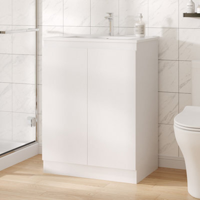 Living And Home Bathroom Mdf Cabinet Bathroom Vanity With Integrated Basin, White - image 1