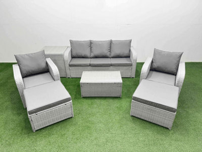 Fimous Pe Rattan Garden Furniture Set Reclining Chair Lounge Sofa Set Oblong Coffee Table Side Table 2 Big Footstool Light Grey - image 1