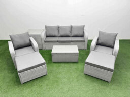 Fimous Pe Rattan Garden Furniture Set Reclining Chair Lounge Sofa Set Oblong Coffee Table Side Table 2 Big Footstool Light Grey - thumbnail 1