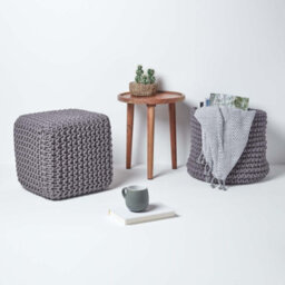 Homescapes Dark Grey Cube Cotton Knitted Pouffe Footstool - thumbnail 6